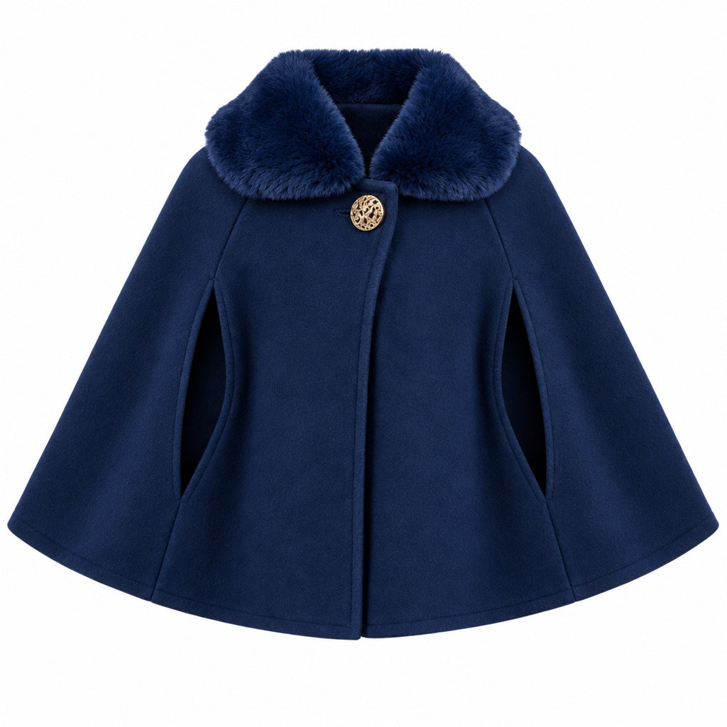 Girls’ navy cape with faux fur collar