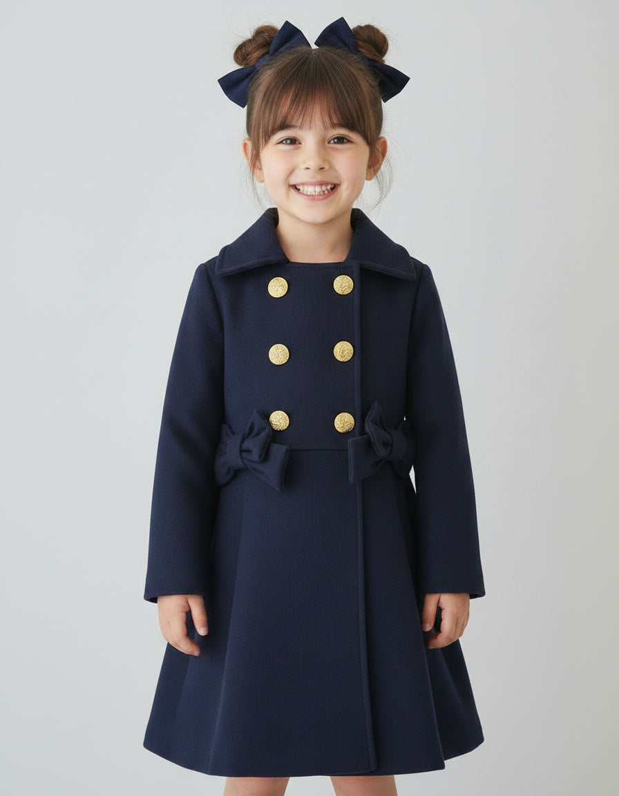 Girls navy blue double bow coat with gold buttons