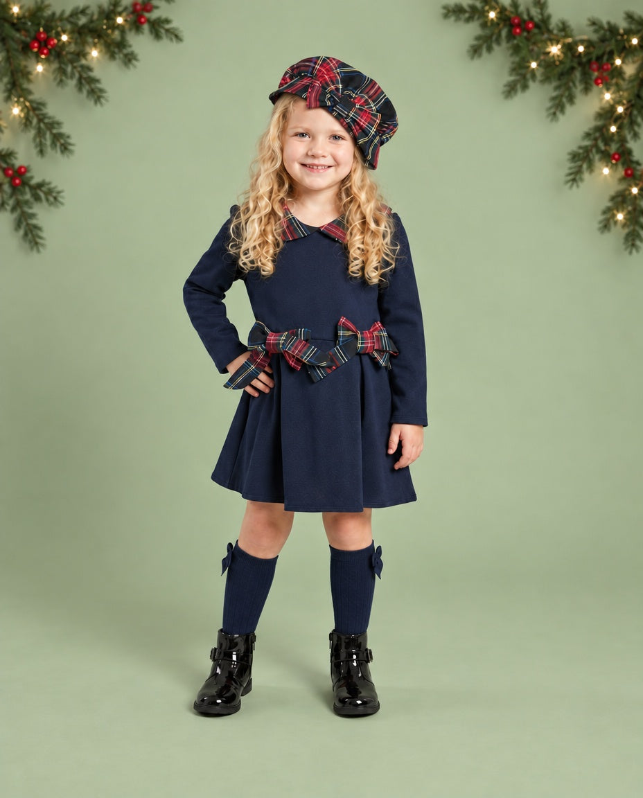 Girls navy tartan dress with matching beret-style hat
