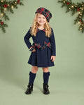 Girls navy tartan dress with matching beret-style hat
