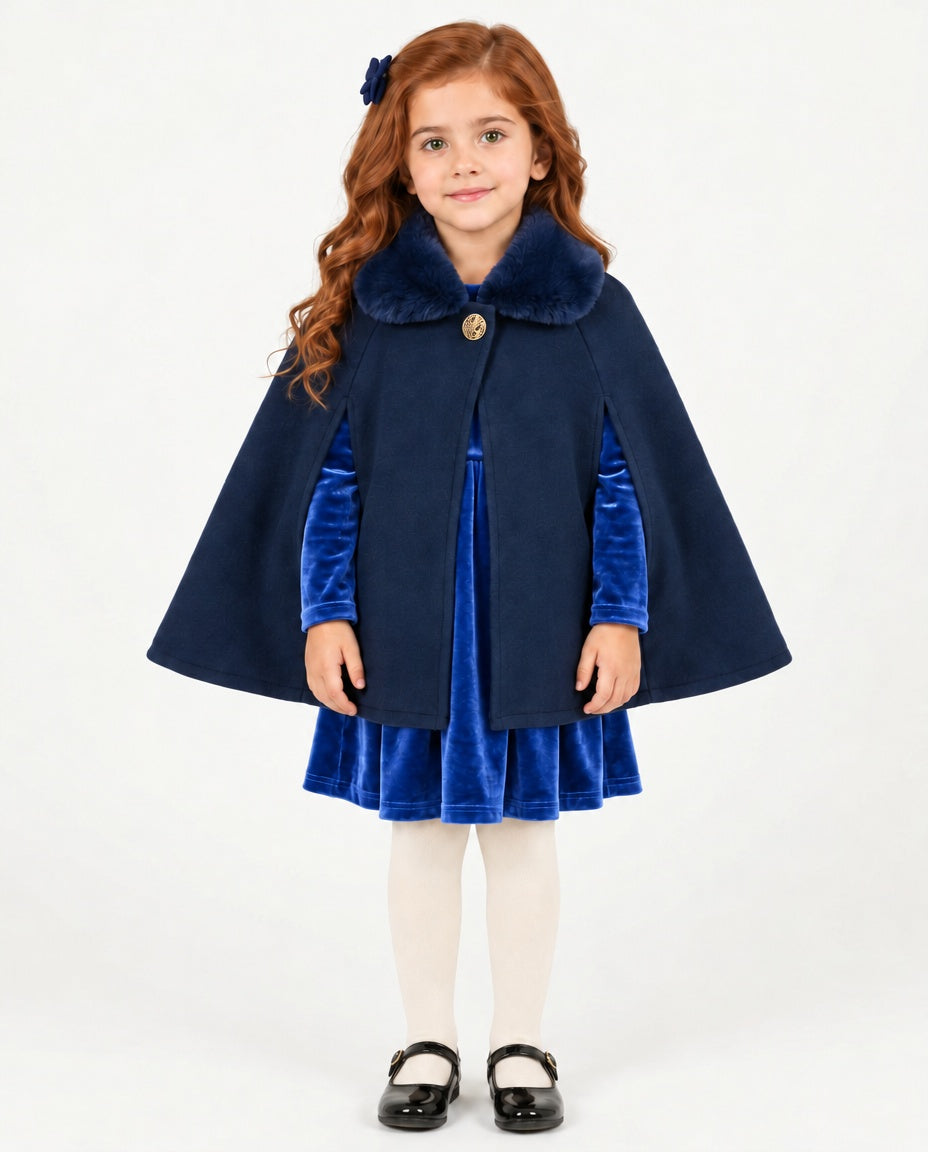 Girls’ navy cape with faux fur collar