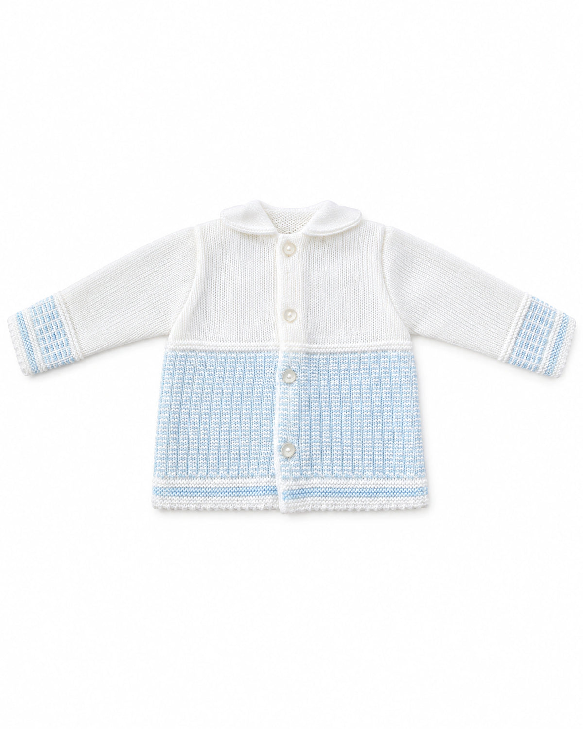 Newborn white and baby blue knitted outfit with fabric collar