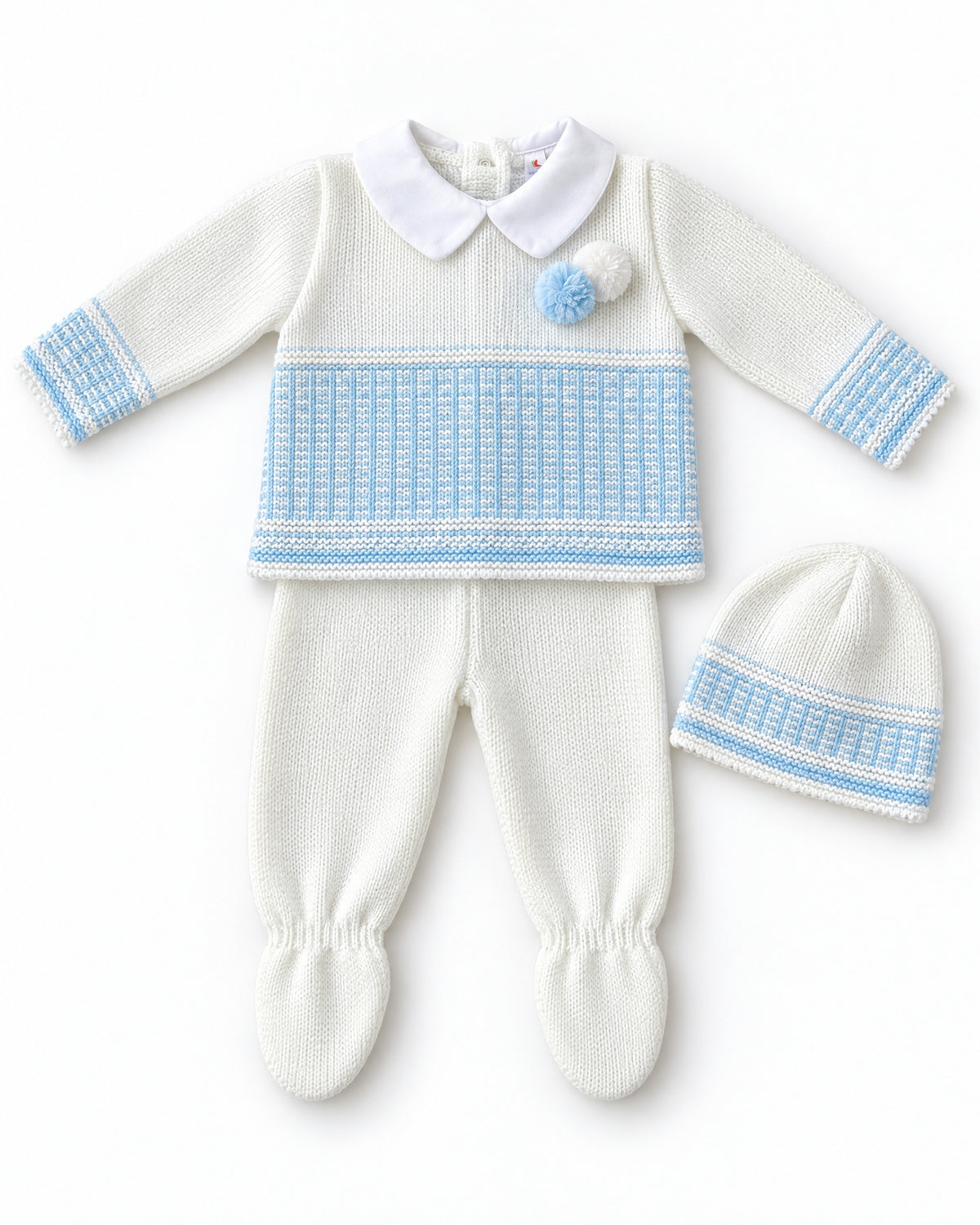 Fruit De Ma Passion white and blue newborn knitted outfit