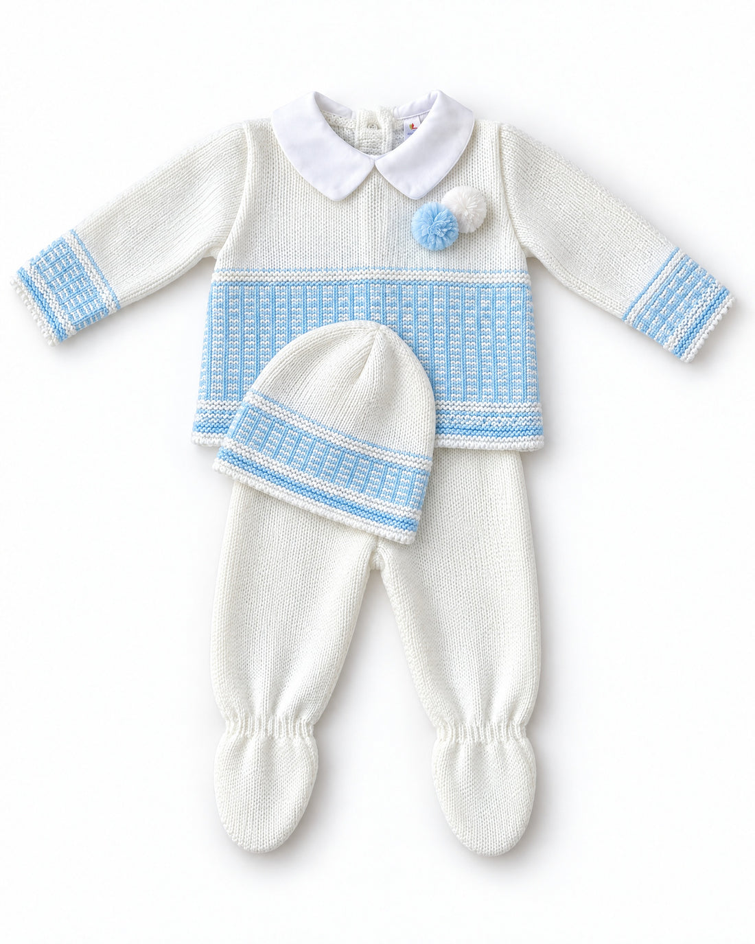 Newborn baby boys’ white and blue knitted pom pom three-piece set by Fruit De Ma Passion