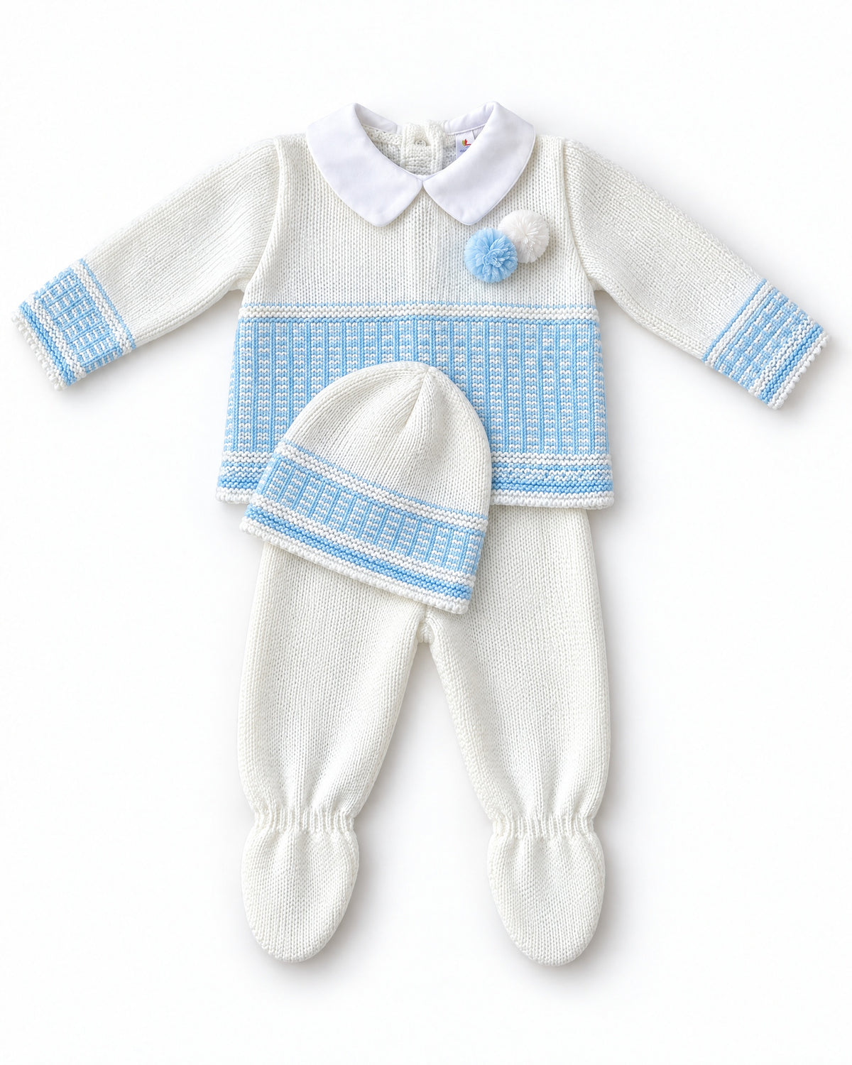 Newborn baby boys’ white and blue knitted pom pom three-piece set