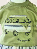 Green shirt with a camper van design and 'summer' text on a white background