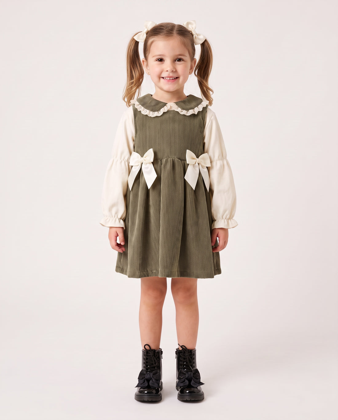 Girls olive green cord pinafore dress with ivory frilled blouse and double satin bows