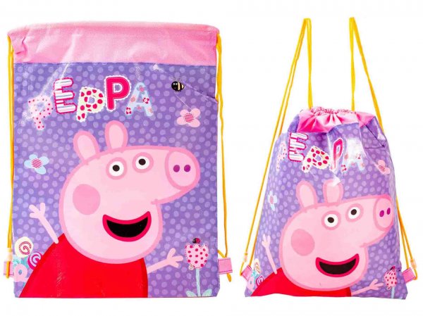 Child carrying Peppa Pig drawstring school bag