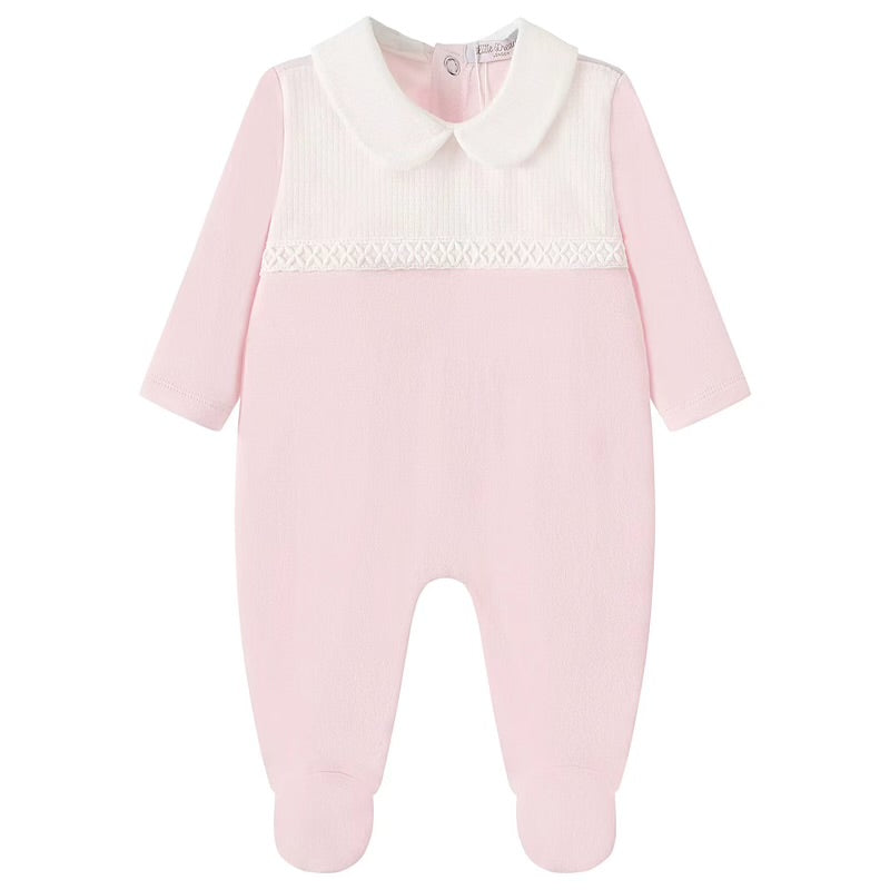 Pink baby girl sleepsuit with lace detail