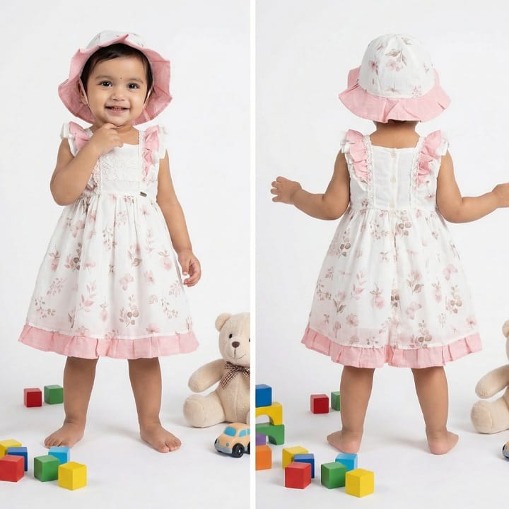 Girls pink floral dress with sunhat