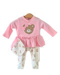 Girls pink teddy bear outfit with frilled top and footed trousers
