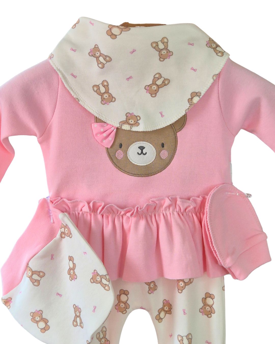 Girls pink teddy bear outfit with matching hat mittens and bib