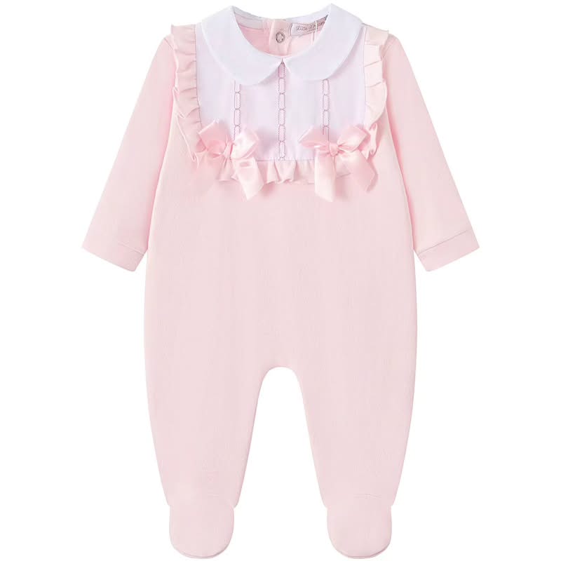 Baby girl pink sleepsuit with white Peter Pan collar