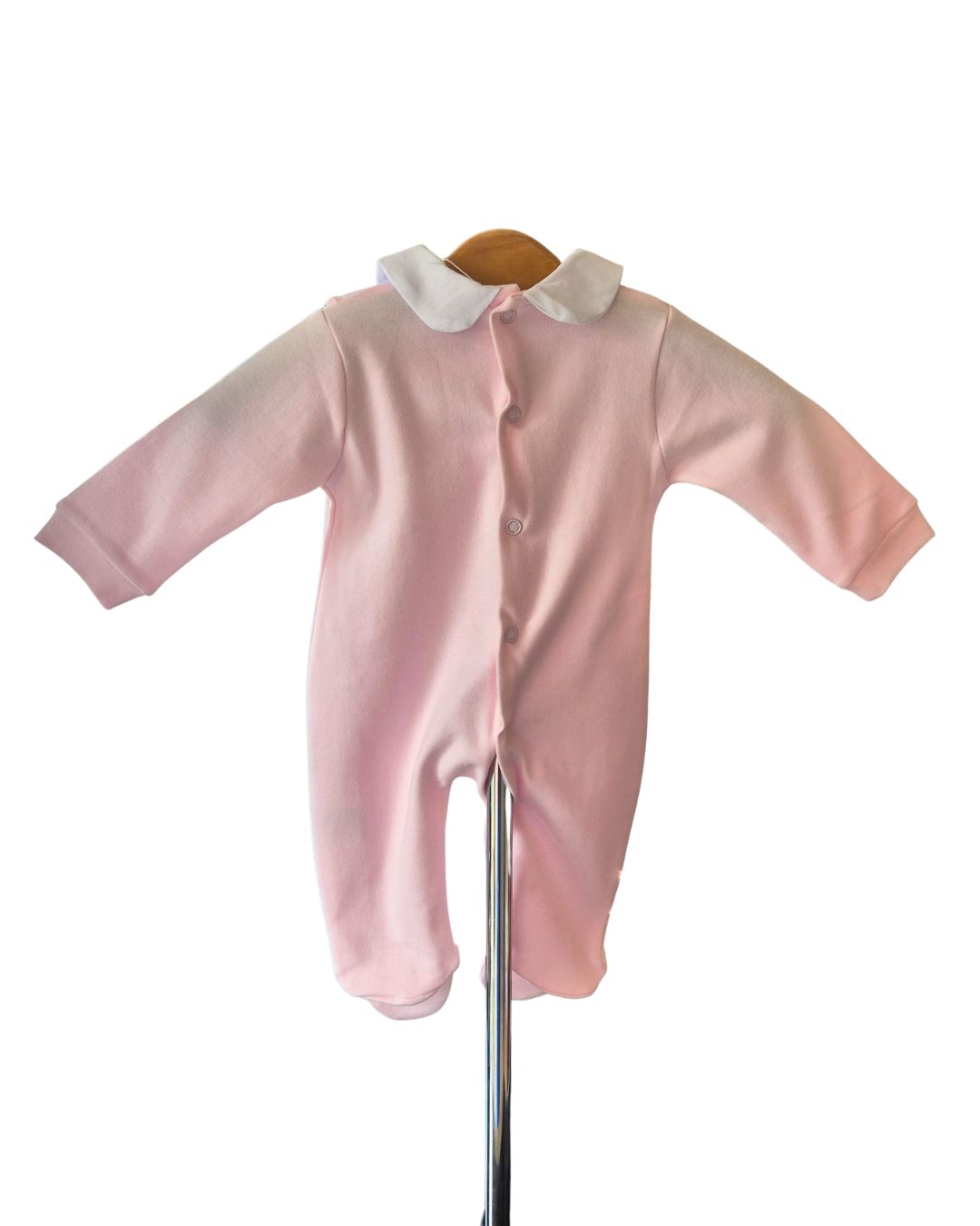 Pink and white footed baby sleepsuit with satin bows