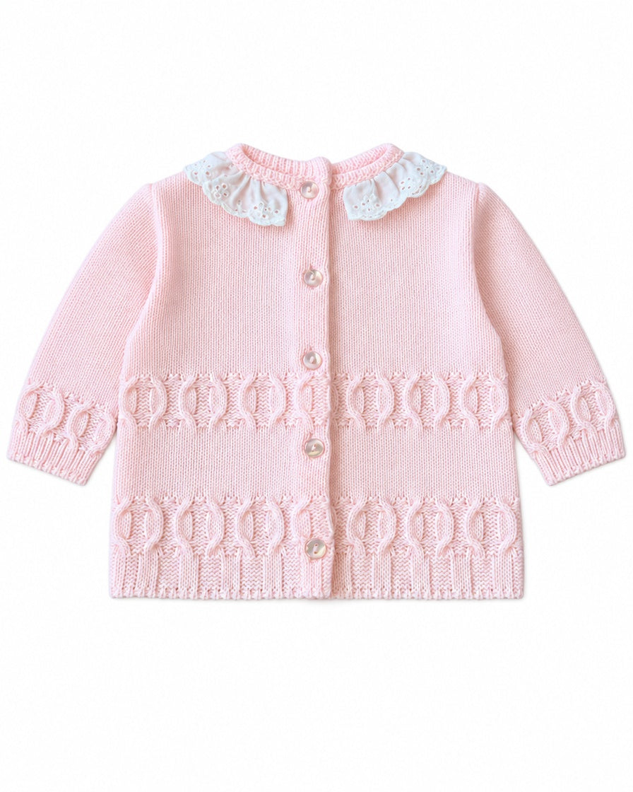 Pink knitted jumper with decorative chain cable panels