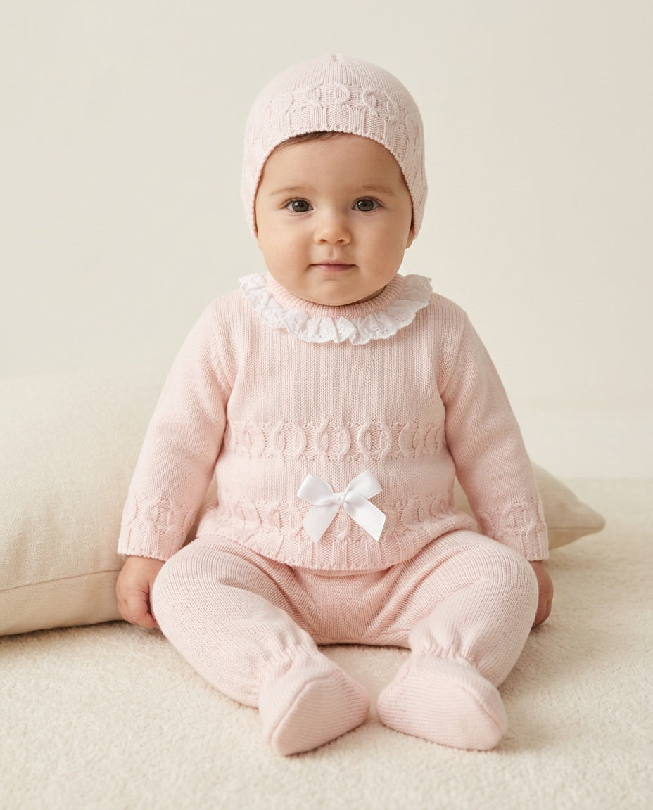 Baby girls’ pink chain cable knitted three-piece set by Fruit De Ma Passion