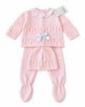 Baby girls’ pink knitted jumper, footed trousers and matching hat