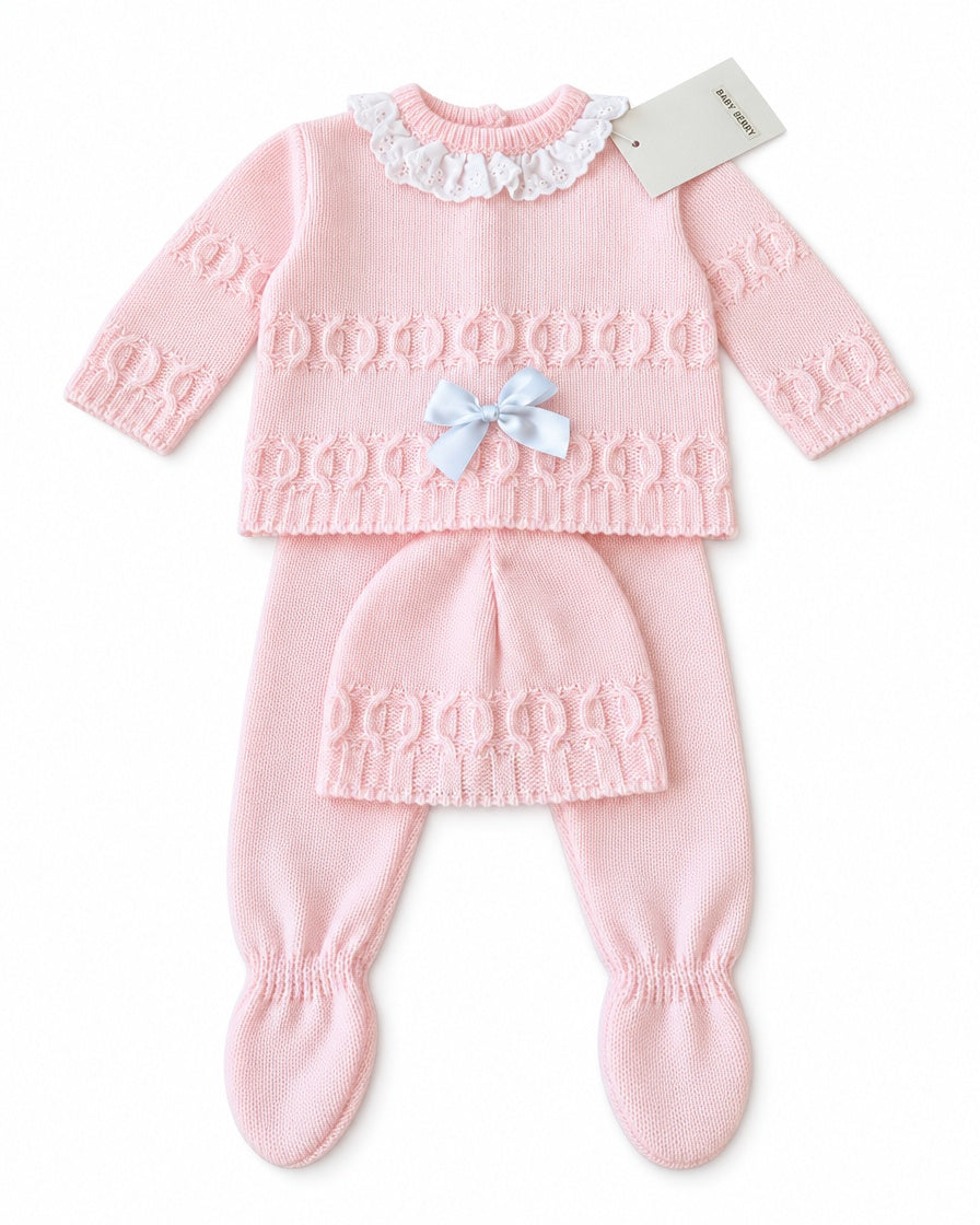 Baby girls’ pink knitted jumper, footed trousers and matching hat