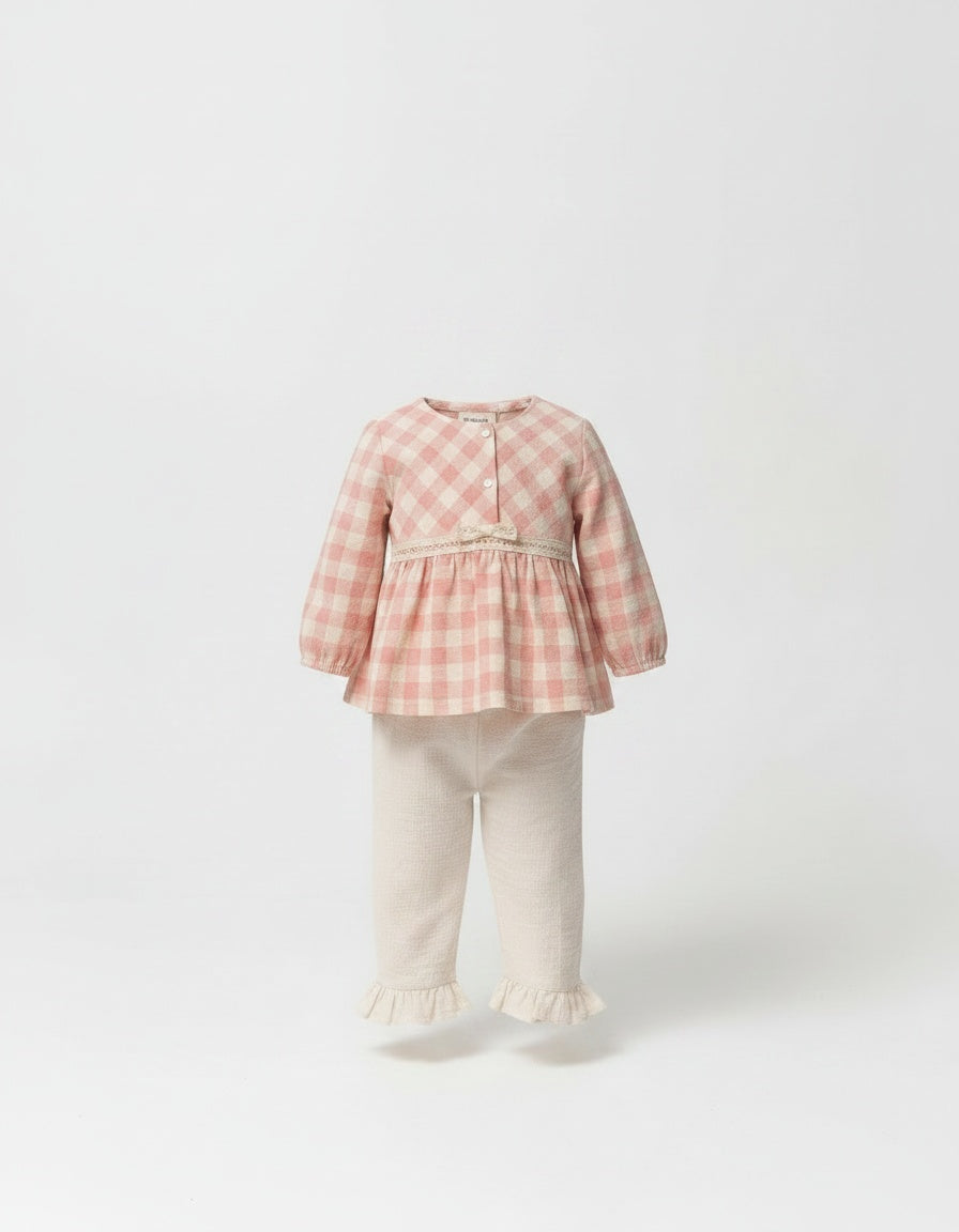Tongs pink checked swing top and cream frill trousers set