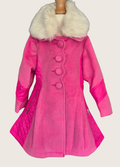 Pink coat with white fur collar on a mannequin against a plain background