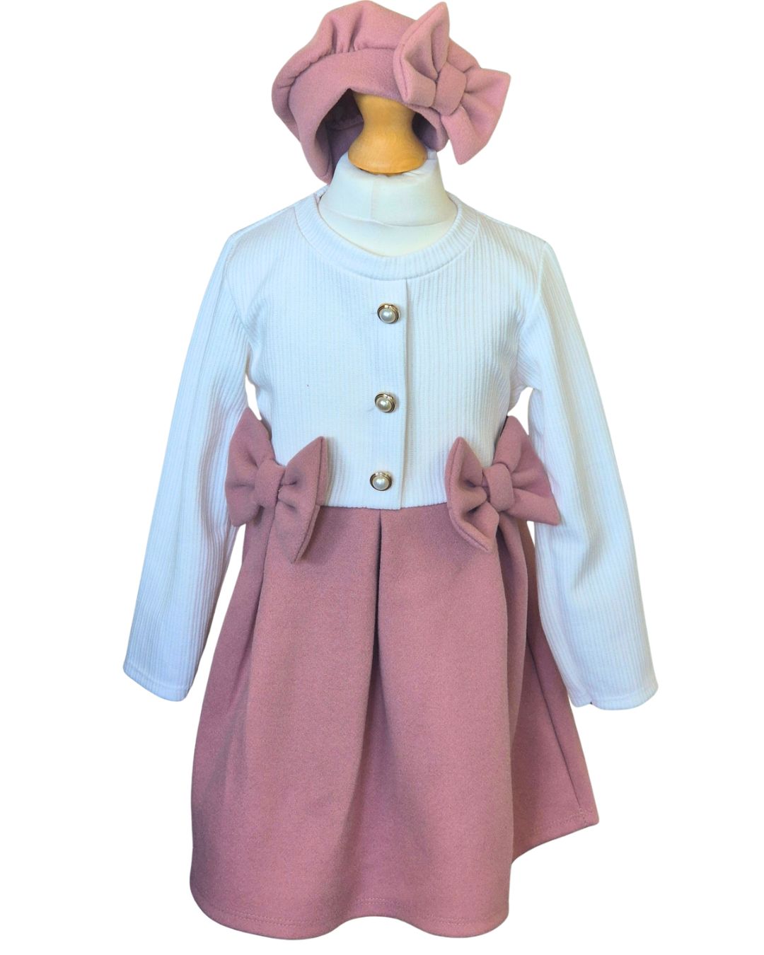 Girls dusky pink dress with double bows and matching hat