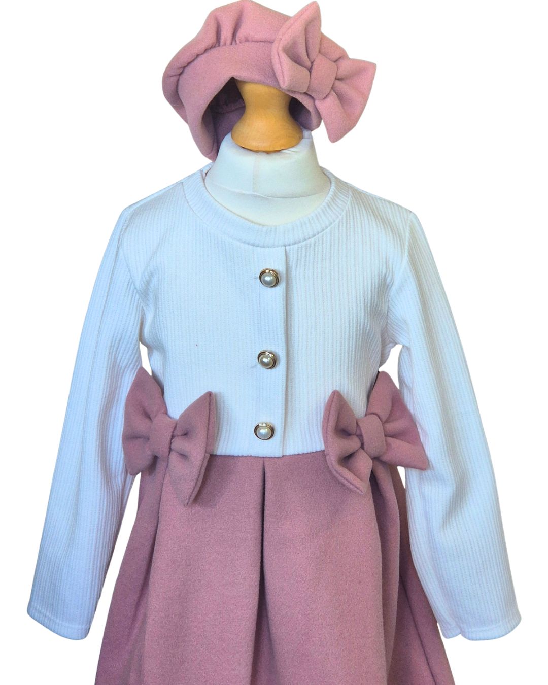 Girls ivory and dusky pink dress with matching hat
