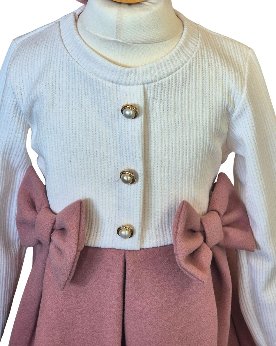 Girls dusky pink dress with faux gold pearl buttons