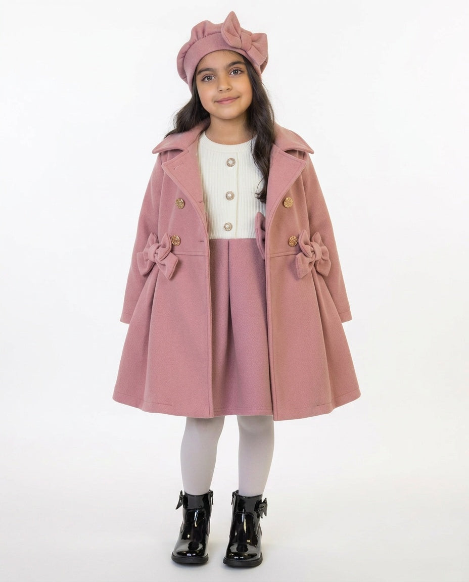 Girls dusky pink dress and hat with matching coat