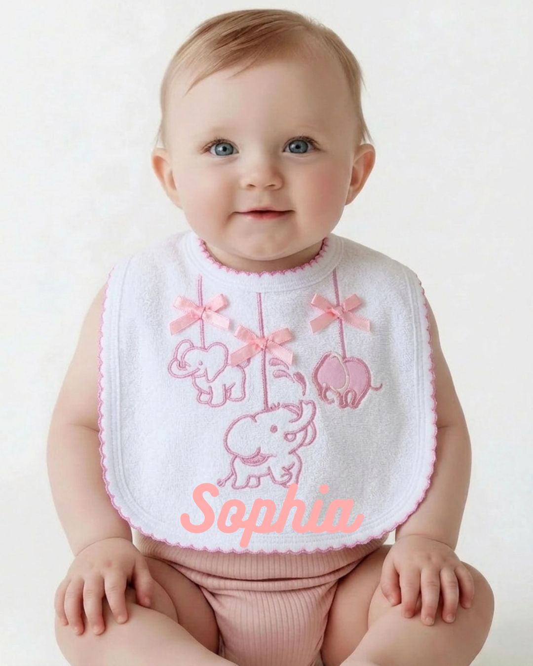 Pink embroidered elephant baby bib