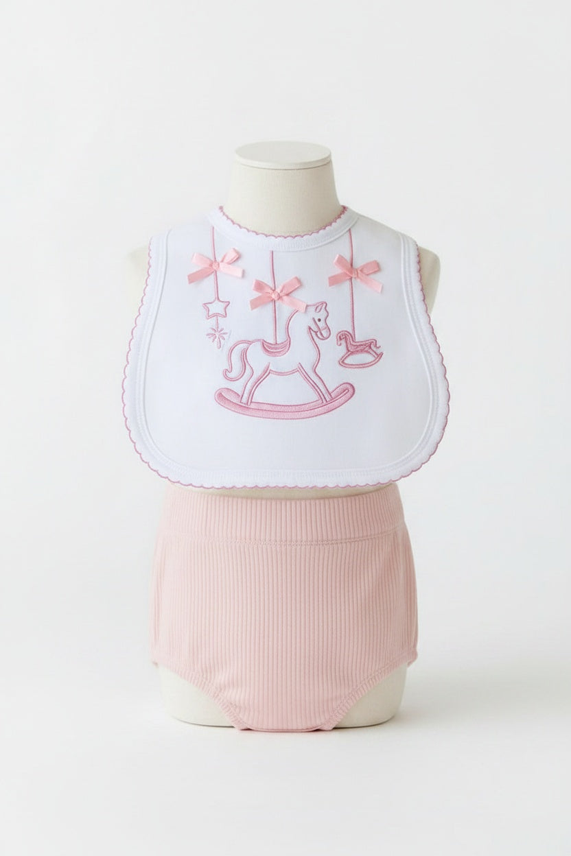 Pink rocking horse bib with Velcro fastening