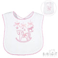 White baby bib with pink scalloped edging