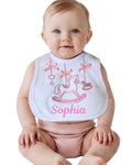 Personalised baby girl bib with rocking horse embroidery