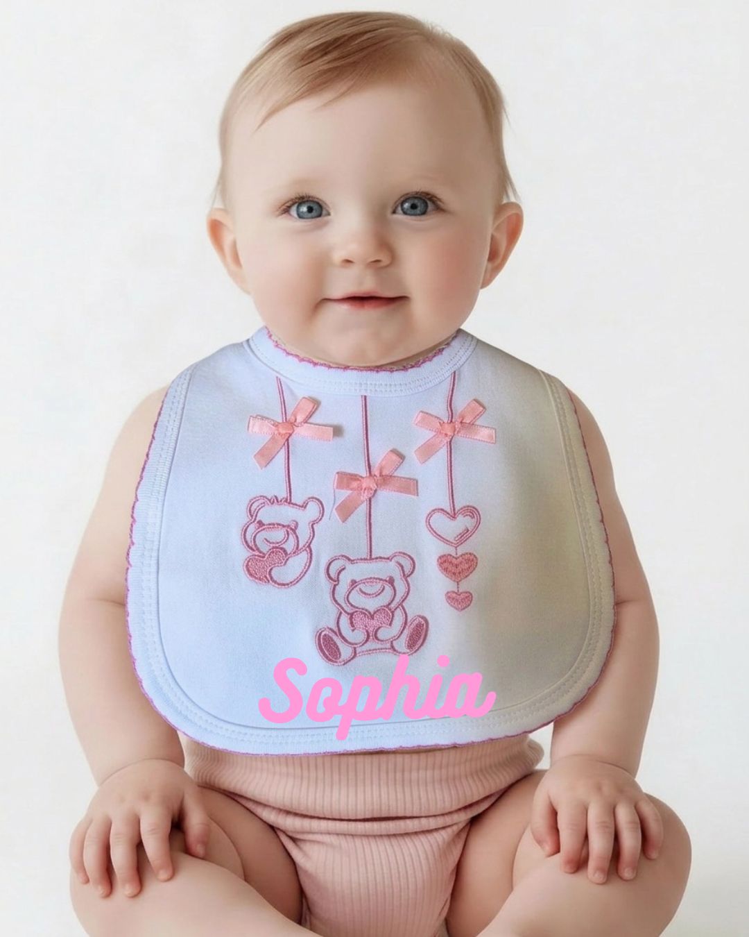 Personalised baby girl bib with teddy bear embroidery