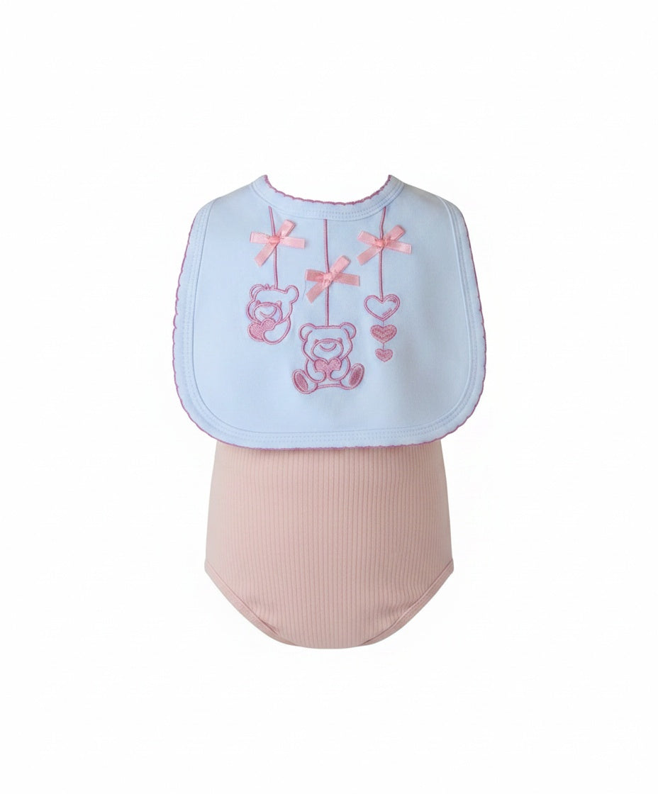 Traditional embroidered teddy bear bib for girls