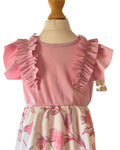 Pink ribbed girls dress with floral skirt