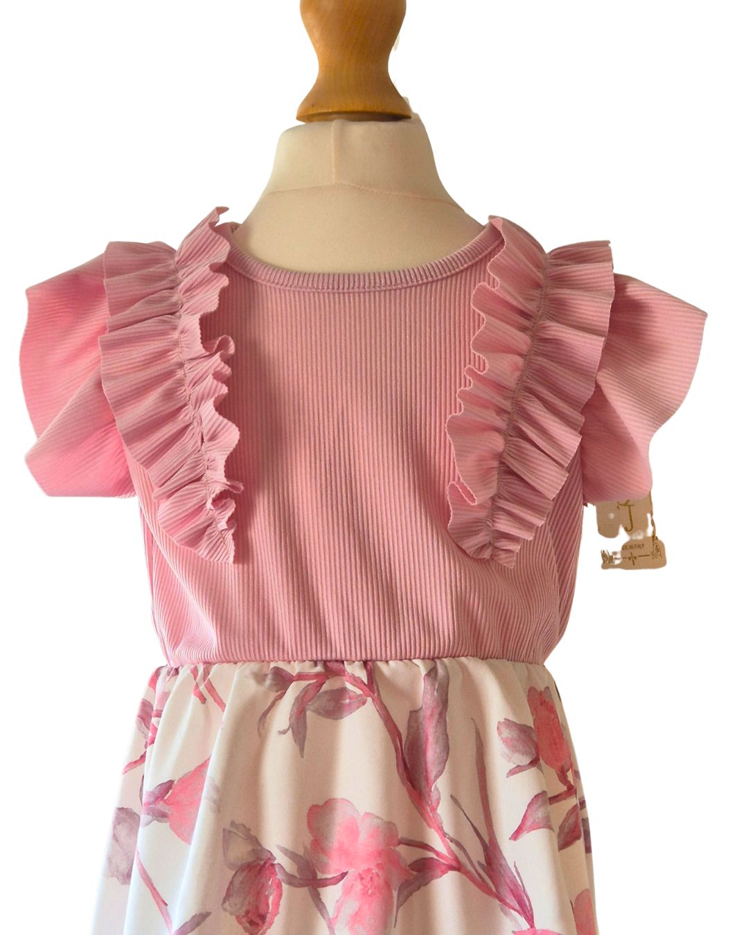 Pink ribbed girls dress with floral skirt