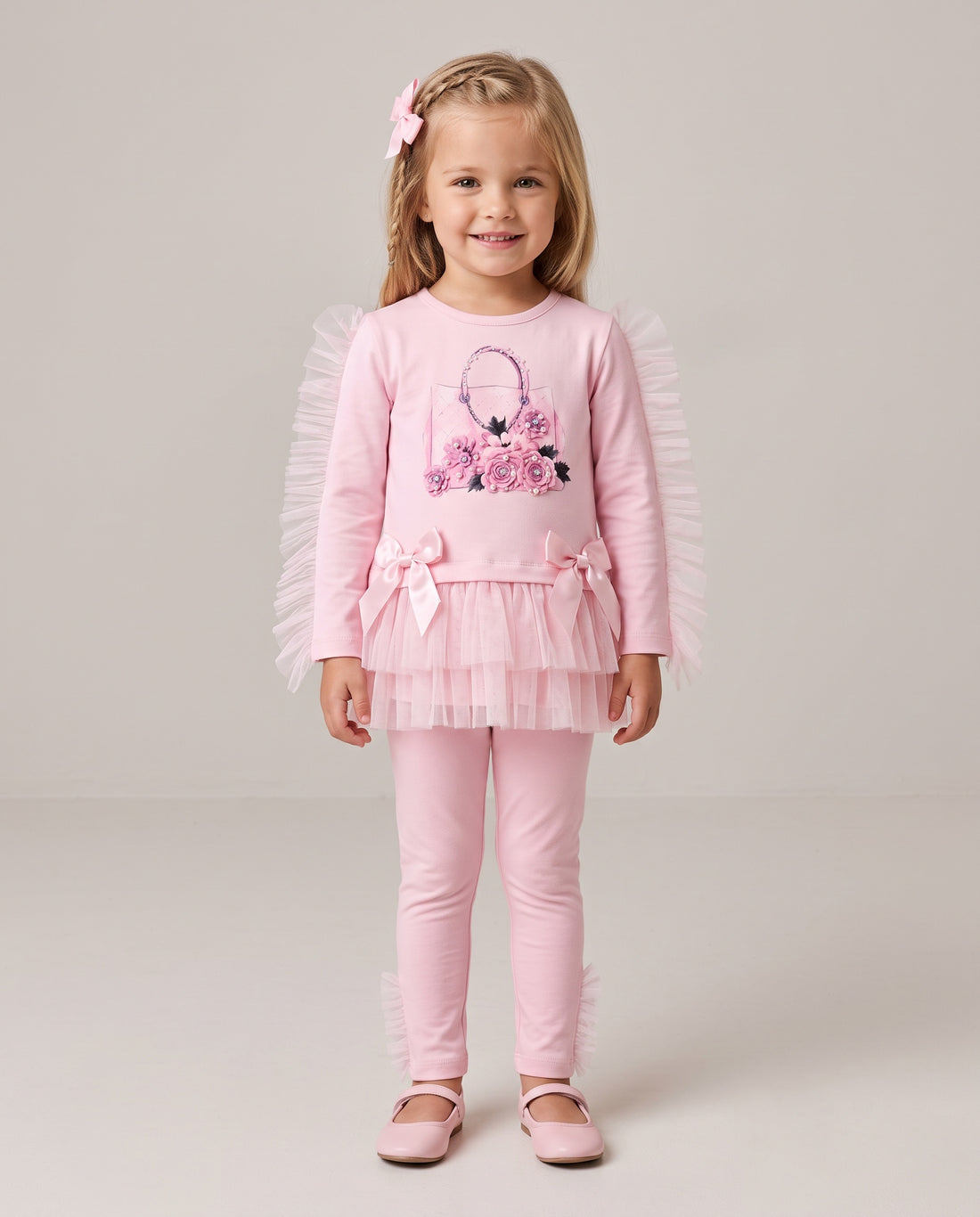 Girls pink frill handbag top and leggings set by Neon Kids with pearl and crystal detail