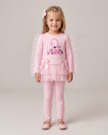 Girls pink frill handbag top and leggings set by Neon Kids with pearl and crystal detail