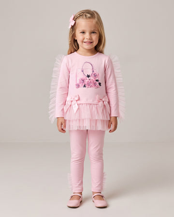 Girls pink frill handbag top and leggings set by Neon Kids with pearl and crystal detail