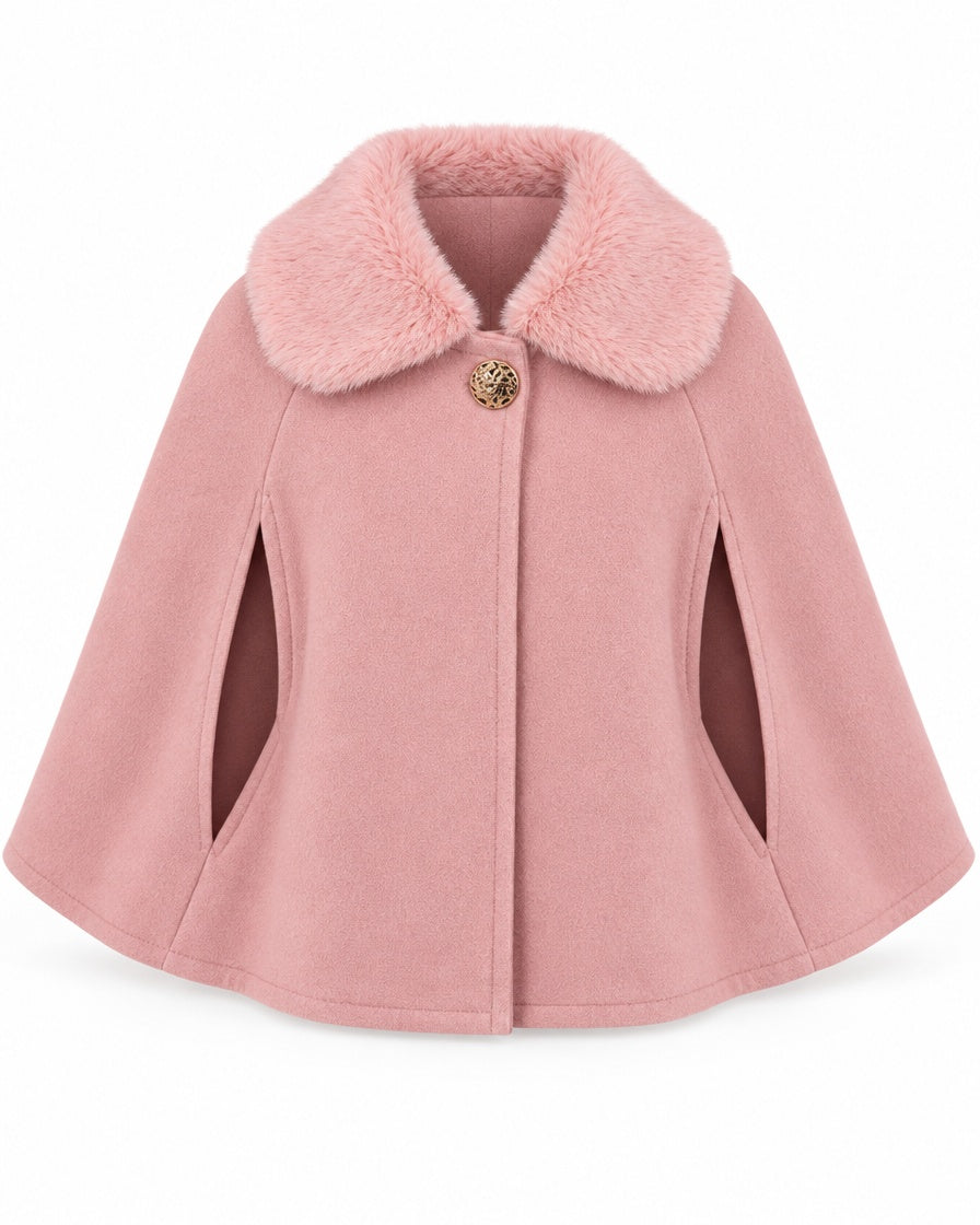 Girls’ dusky pink cape with faux fur collar
