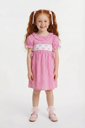 Pink Gingham Bow Dress | Girls Smocked Easter & Summer Dress |Age 2–7
