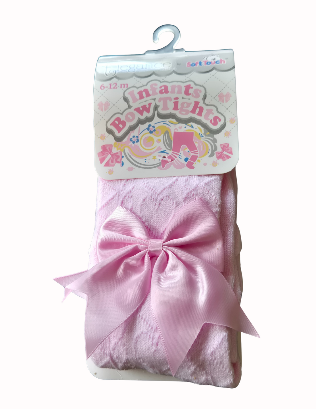 Pink tights with large bows and heart design on a white background, featuring the Soft Touch brand.