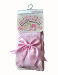 Infants pink heart design tights with a satin bow on a white background
