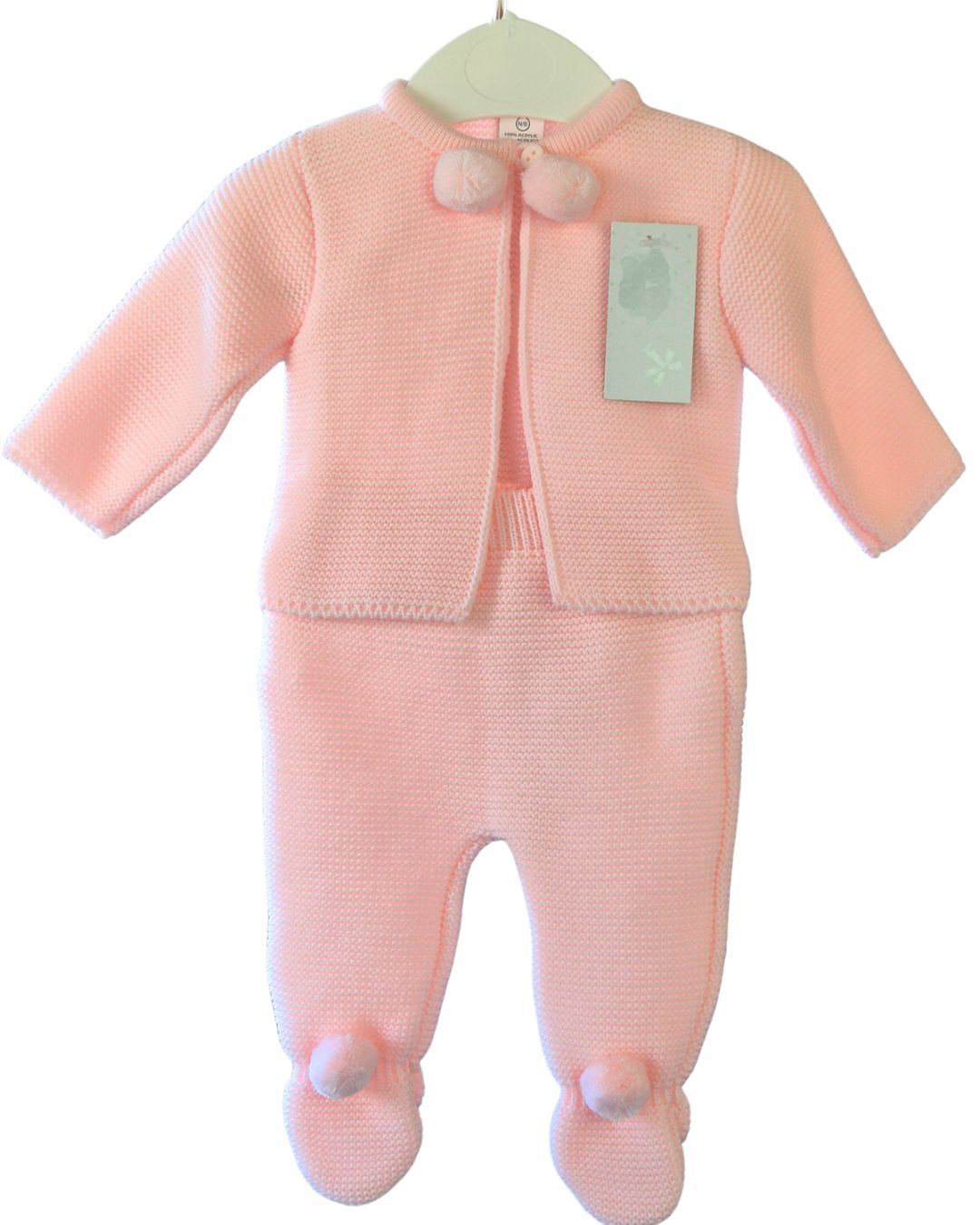 Pink Knitted Pom Pom Baby Set | Portuguese Knitwear