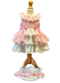 Pink and white tiered dress on a mannequin with a white background and a pair of pink and white frilly lace knickers
