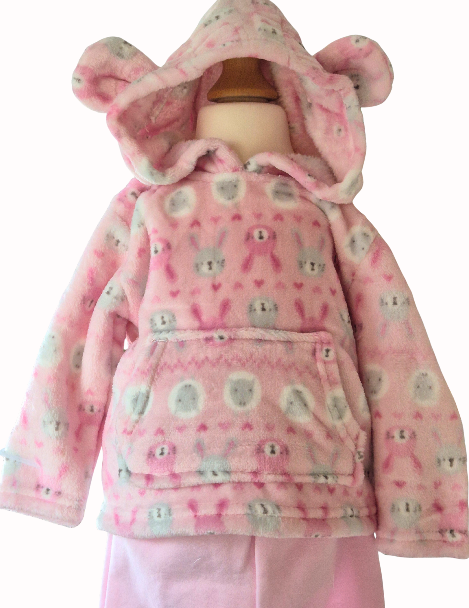 Pink rabbit and sheep hoodie with the hood up and ears on a white background

