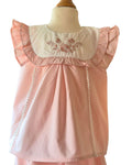 Pink embroidered baby top with elasticated bloomer shorts
