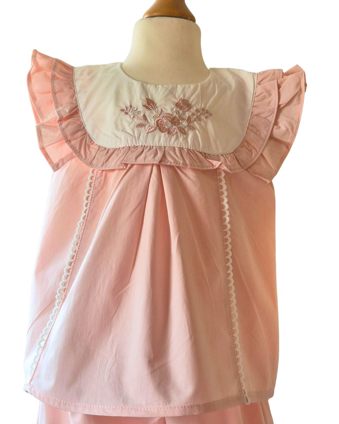 Pink embroidered baby top with elasticated bloomer shorts