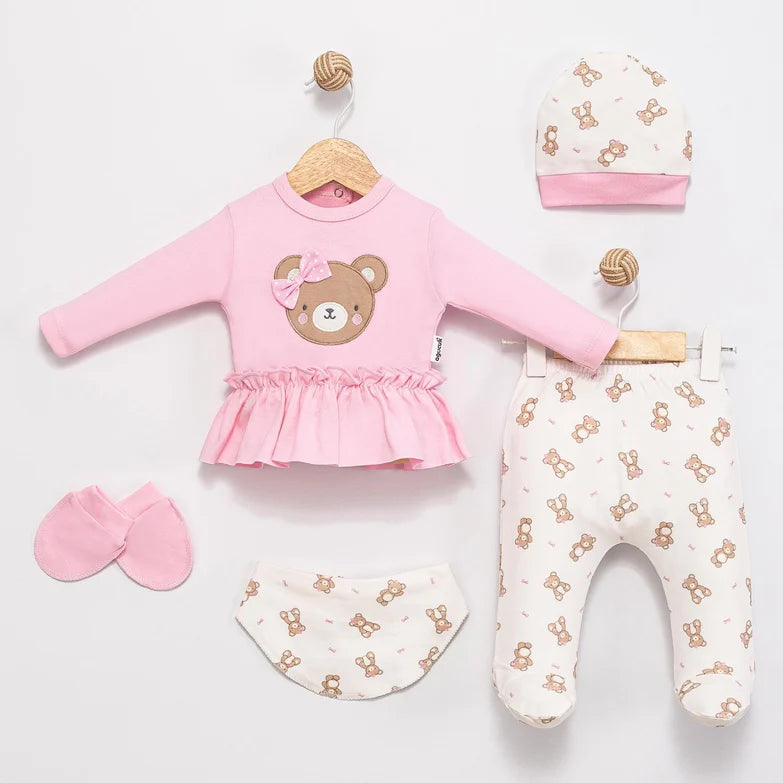 Baby girls pink teddy bear 5 piece outfit with hat and bib