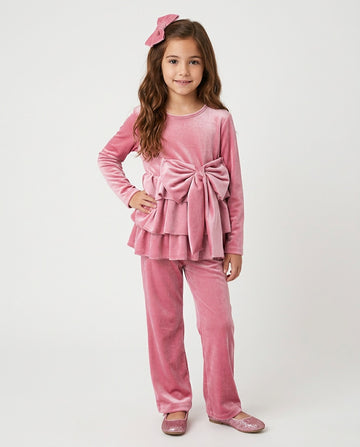 Girls’ Pink Velour Bow & Frill Outfit | Christmas Party Set